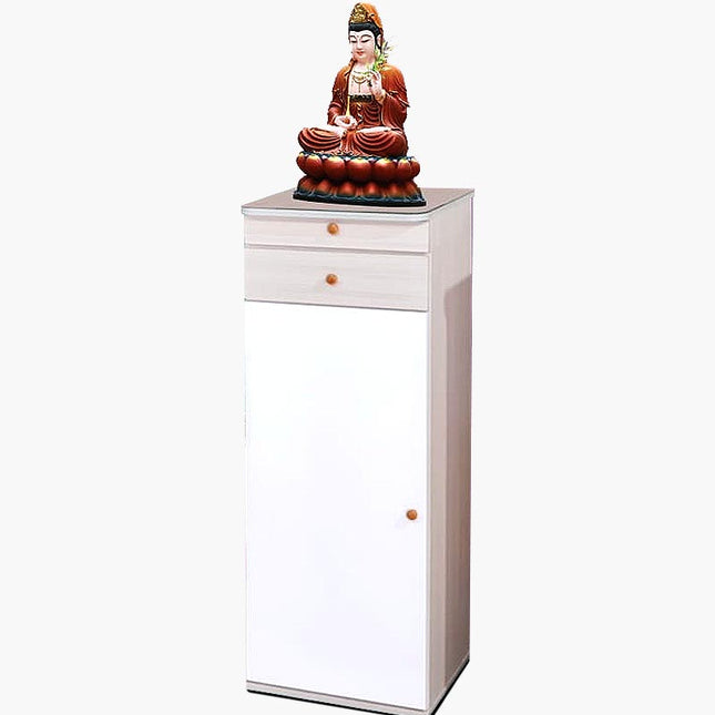 F31 Furniture Gold Chinese Altar made of solid MDF with a drawer, tray, and white cabinet base with a Buddha statue.