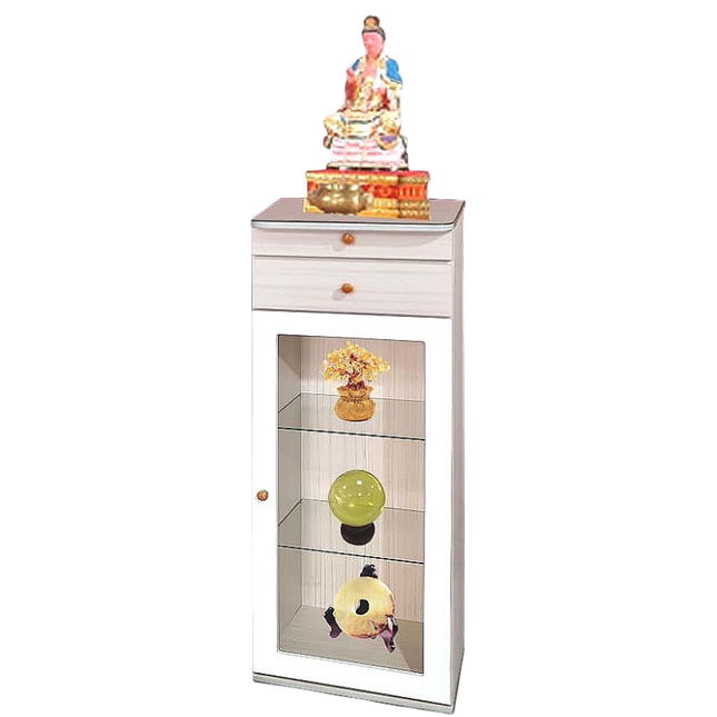 F31 Furniture Gold Chinese Altar cabinet in white MDF with a glass display door, top drawer, and pull-out tray.