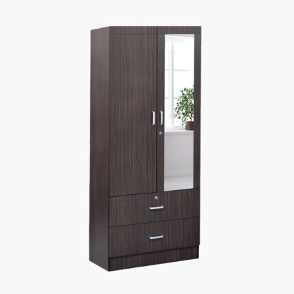 modular brown wooden wardrobe with mirror