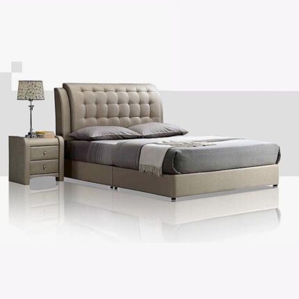 beige king bed and beige bed table