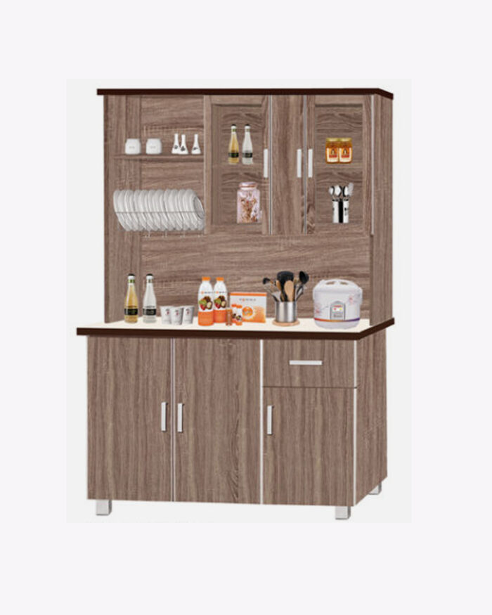 large wooden kitchen cabinet and kitchen essentials