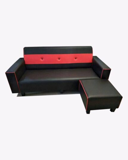 black-red leather sofa with stool