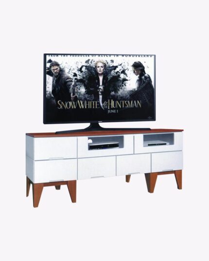 a television above a wooden stand cabinet tv console