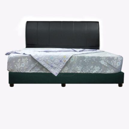 black-blue bed frame with mattress