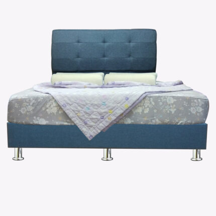 blue bed frame with mattress