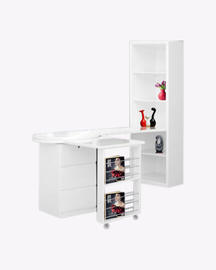 white l-shaped study table with book case