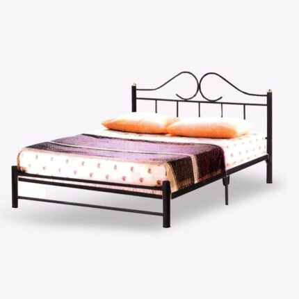 metal bed frame with mattress and beddings