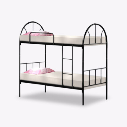 metal double deck-bunk bed with mattress and pillows