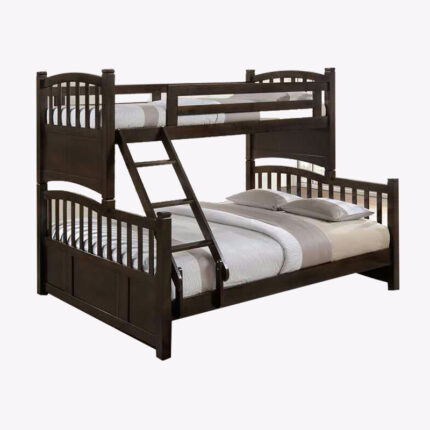 wooden double deck-bunk bed with beddings