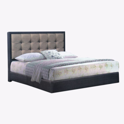 premium fabric bed frame with mattress and beddings