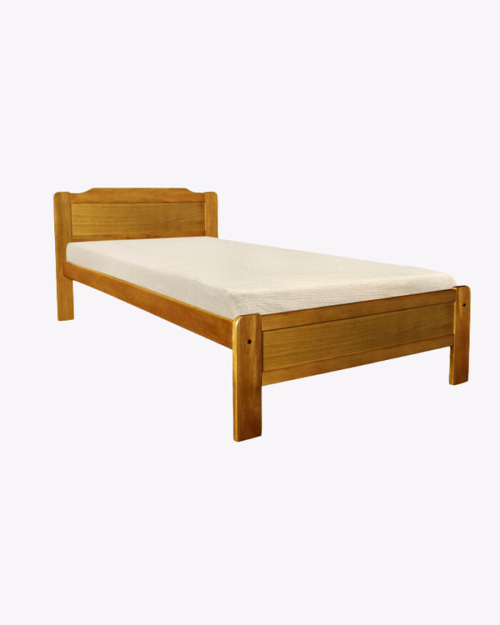 single wooden bed frame with white mattress