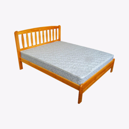 wooden bed frame with thick mattress