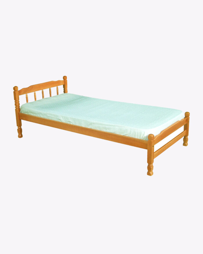 wooden bed frame with design and mattress