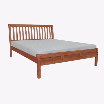 wide wooden bed frame with mattress