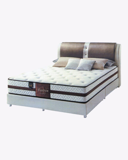 white fabric bed frame with honey button mattress and beddings