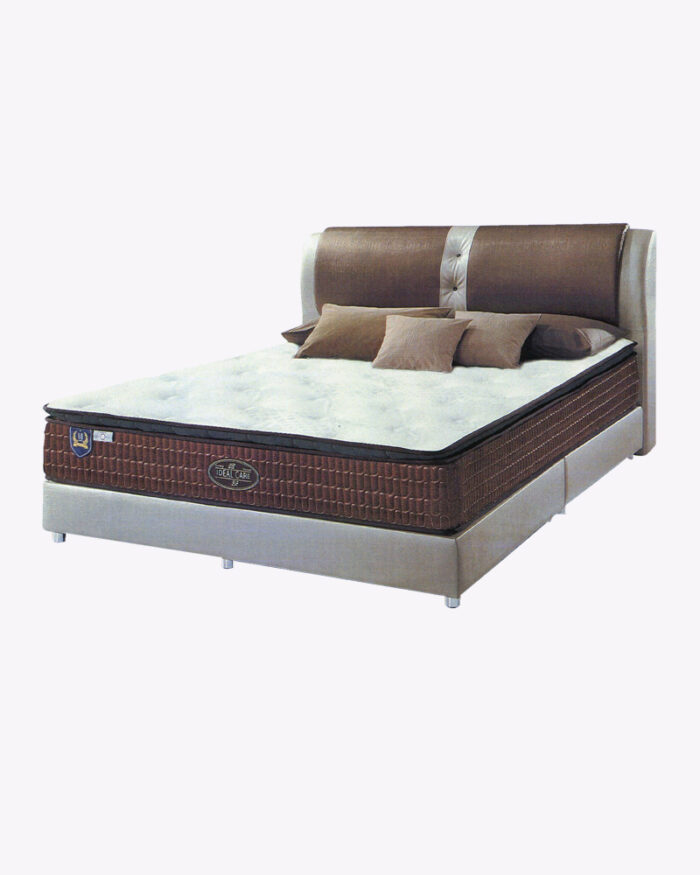 white fabric bed frame with brown mattress and beddings