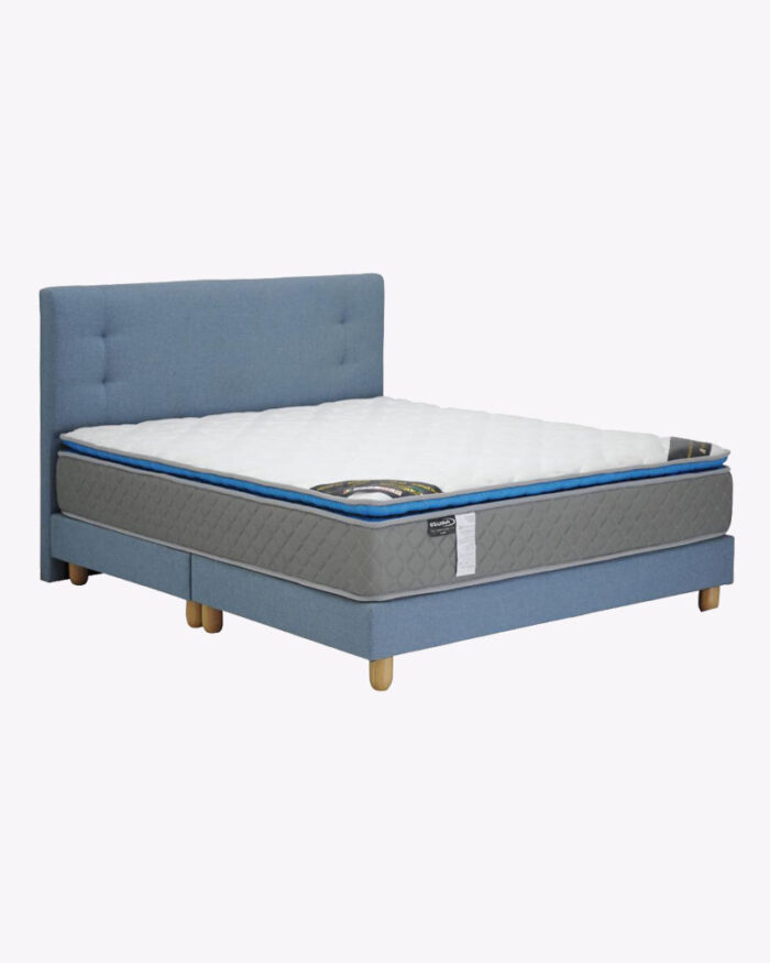 wooden legs blue fabric bed frame with mattress