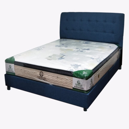 blue fabric bed frame with ofeno mattress