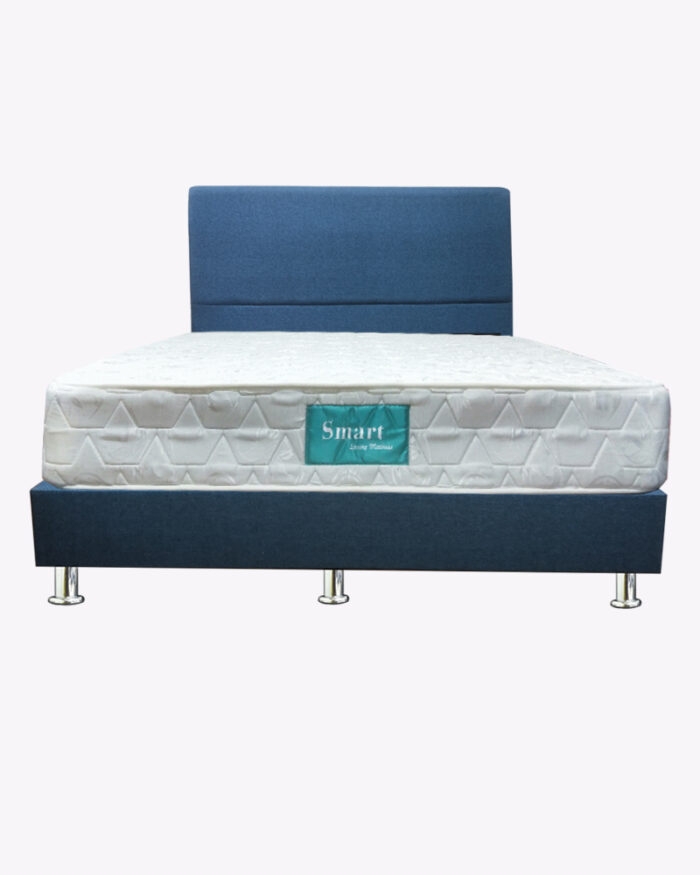 steel legs blue fabric bed frame with mattress