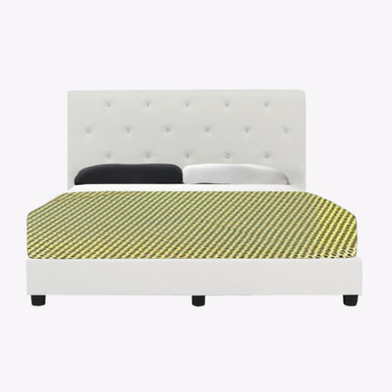 white leather bed frame with yellow mattress cover and beddings