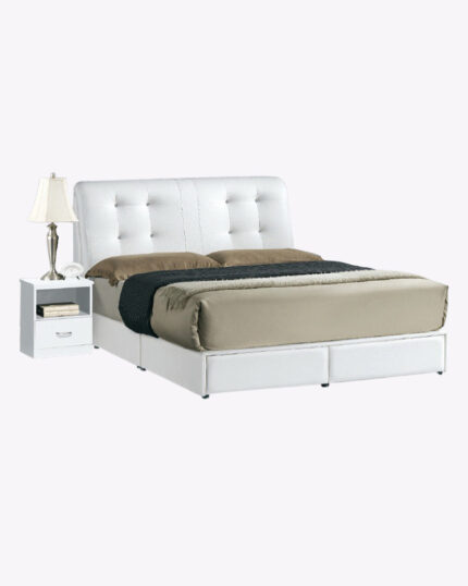 white premium storage bed frame with mattress and shelf drawer on the side
