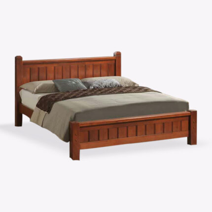 wooden oak finish bed frame with mattress and beddings