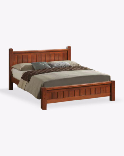 wooden oak finish bed frame with mattress and beddings