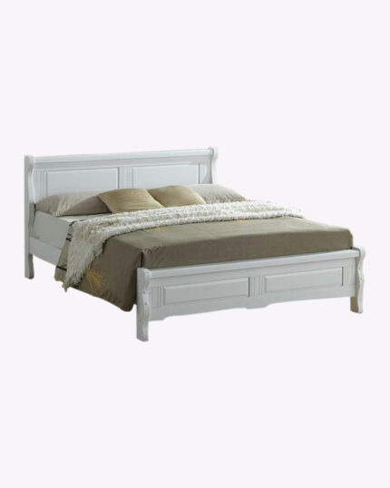 wooden white bed frame with mattress and beddings