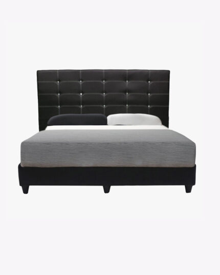 black leather bed frame with mattress and beddings