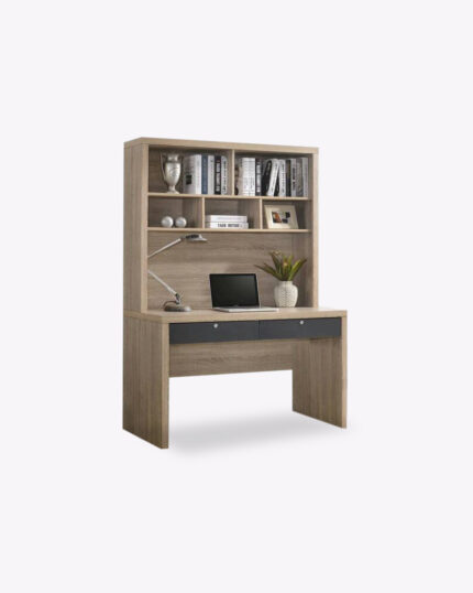 natural wooden study table with 2 drawers and shelf storage