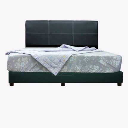 black leather headboard bed with mattress and beddings