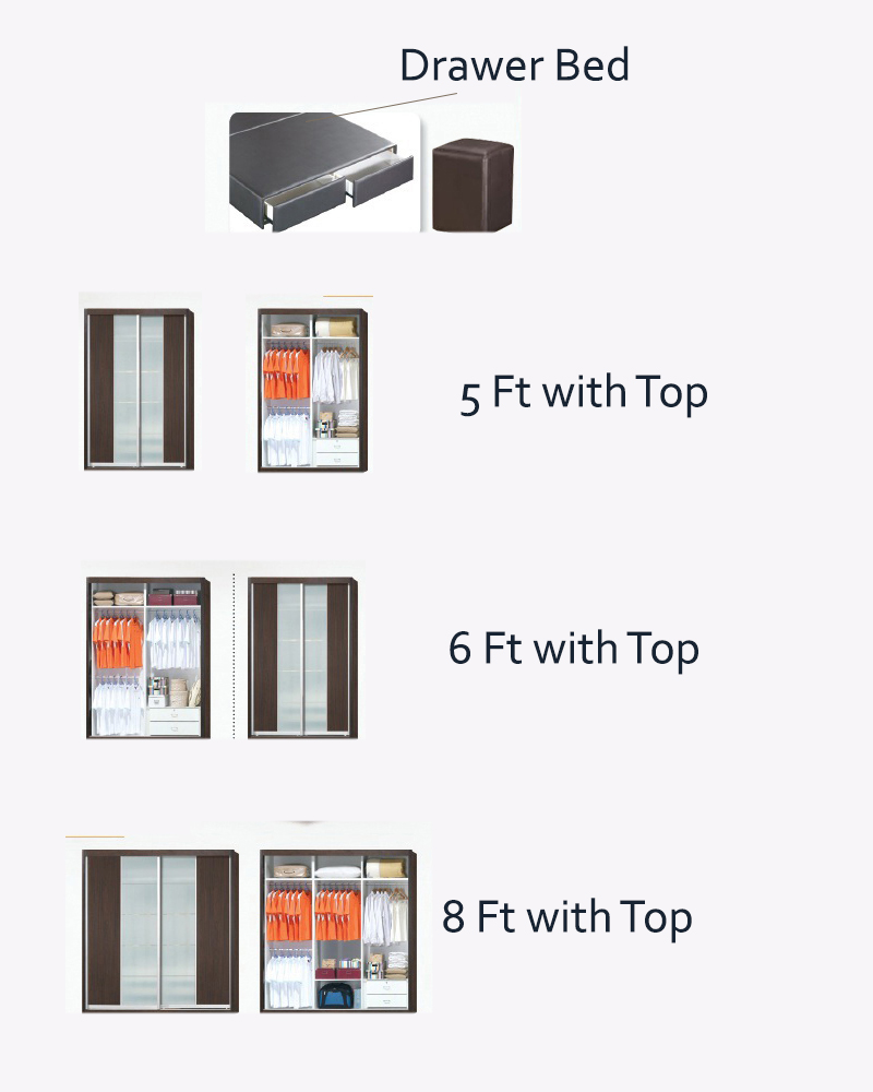 drawer bed and wooden brown sliding wardrobe with sizes