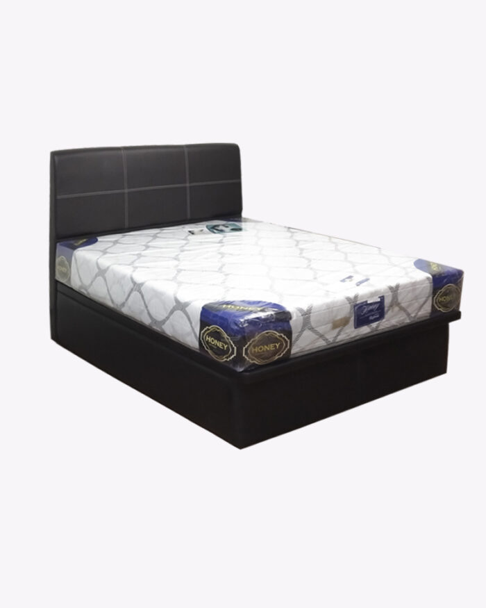 black leather storage bed frame with honey mattress