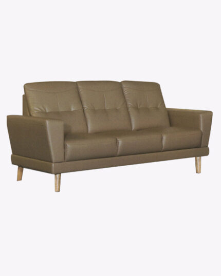 wooden legs 3 seater leather brown sofa