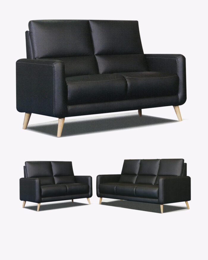 black leather sofa set with wooden legs