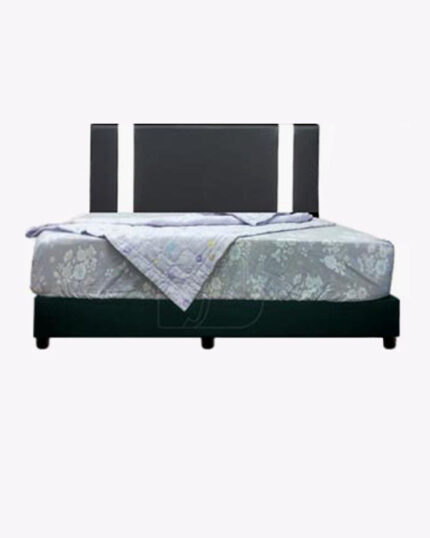 black green bed frame with thick mattress and beddings