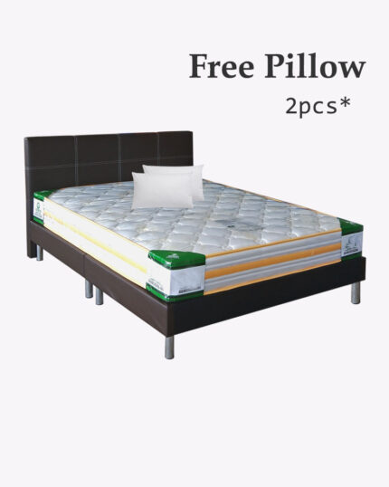 a black bed frame with mattress and free 2 pillows