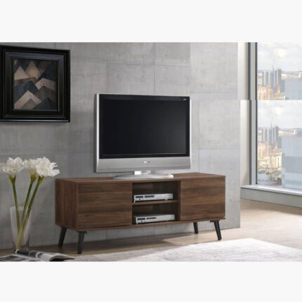 large tv on a wooden tv console