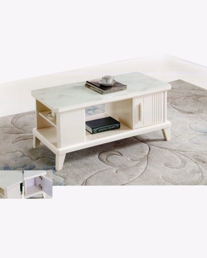 white wooden marble surface coffee table with shelves