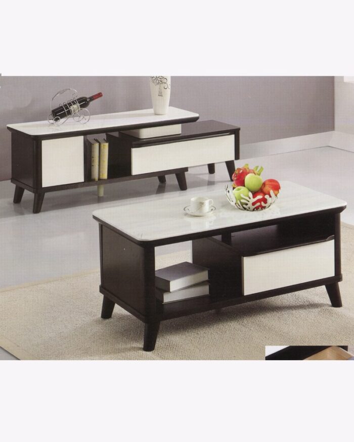 wooden marble surface coffee table with shelves and storage units