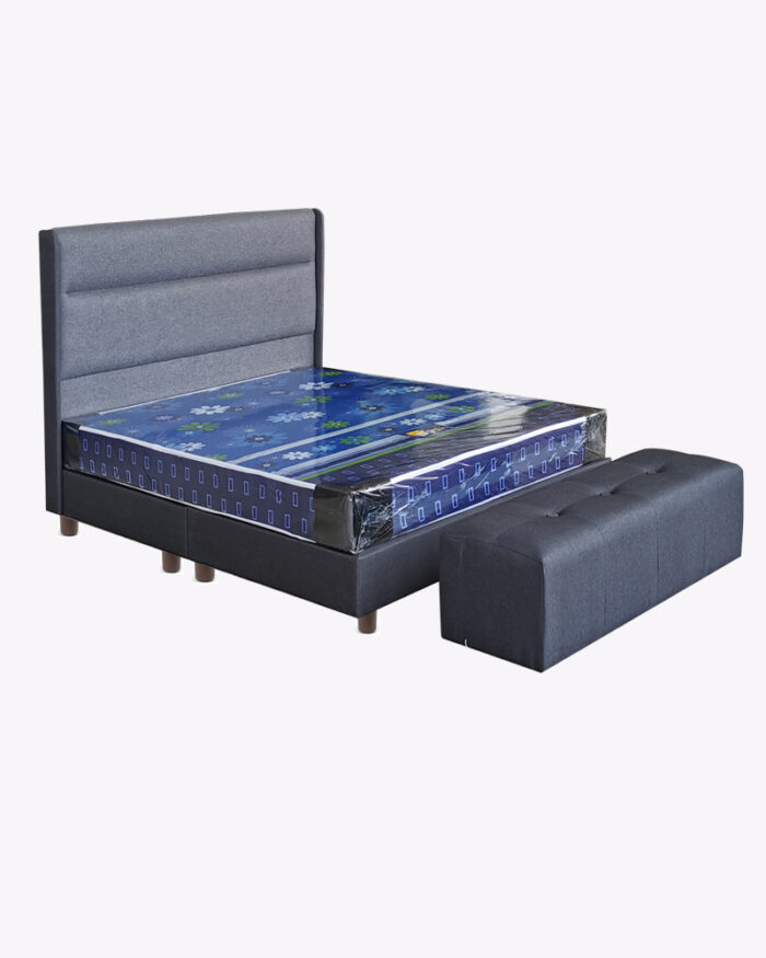 dark grey fabric bed frame with mattress and stool