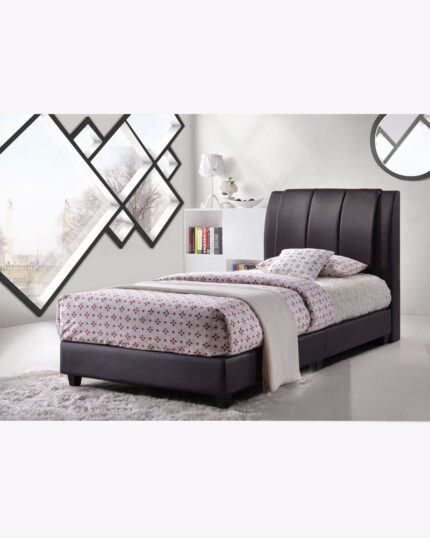 single leather brown bed frame with beddings