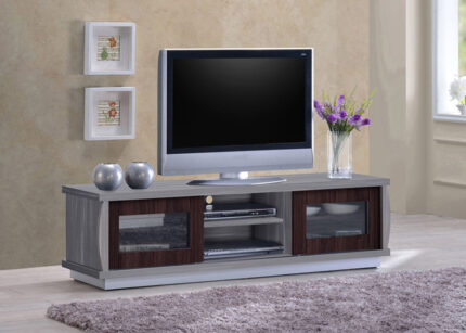 a tv on a large grey wooden tv console