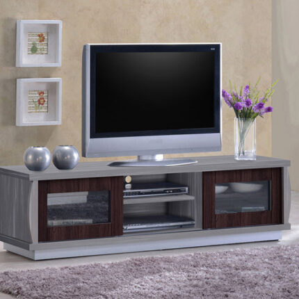 a tv on a large grey wooden tv console