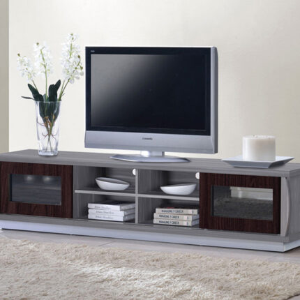 a tv on a large quality grey wooden tv console