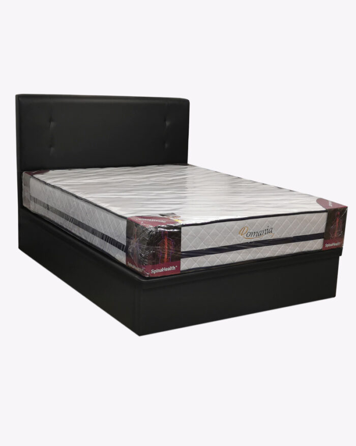 leather black bed frame with romania mattress