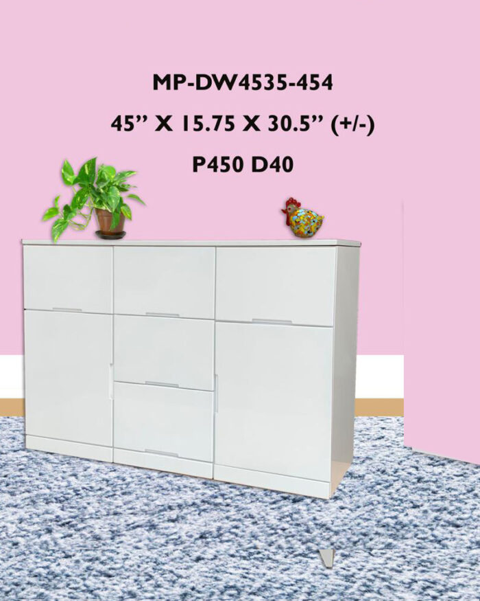 a plant on a wooden white 5 drawers and 2 doors cabinet