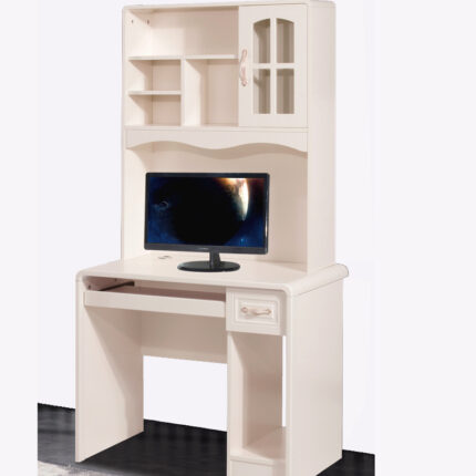 modular white computer table with shelf storage above