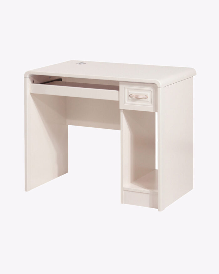 white computer table with 1 drawer and 1 shelf
