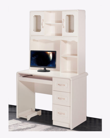 a computer on a modular white computer table with shelf storage above